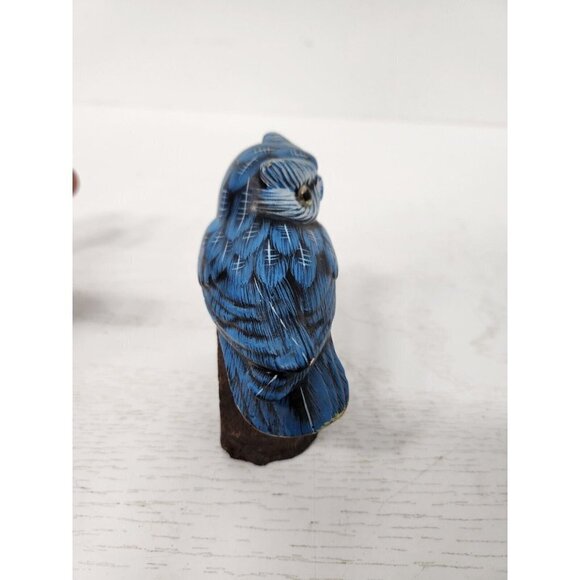 Vintage 1988 Enesco Hand Painted Ceramic Blue Owl Figurine Mounted On Wood Decor - Picture 6 of 9